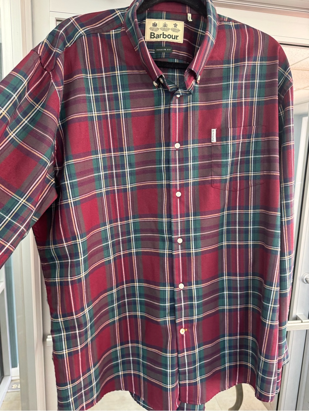 Barbour Men’s Burgundy and Green Plaid Button-Down Shirt